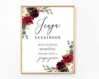 Floral Burgundy and Navy Printable Guestbook Sign Wedding Guest Book Sign Digital File BR028 BA028 Jenga Guestbook Sign WE028