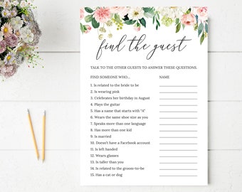 Find the Guest Bridal Shower Game, Baby Shower Game, Floral Wedding Shower, Icebreaker Shower Game, Blush Flowers, Digital File, BR029