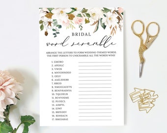 May include: A printable bridal shower game with a floral design. The game is called "Bridal Word Scramble" and instructs players to unscramble wedding-themed words. The first person to unscramble all the words wins.