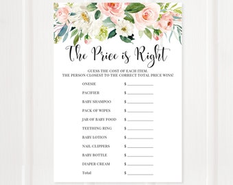 The Price Is Right Game | Floral Baby Shower Games | Pink Flowers, White, Greenery, Blush | DIGITAL FILE Instant Download | BA029