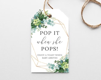 Pop It When She Pops Tags, Baby Shower Favors, Champagne Tags, Favor Tag, Gift Tags, Wine Label, Greenery, Gold, Eucalyptus, Foliage, BA036