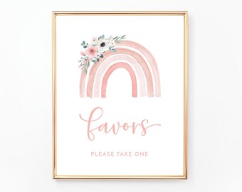 Rainbow Favors Sign, Printable Sign, Floral Baby Shower Favors Sign, Pink, Flowers, Digital File, BA083