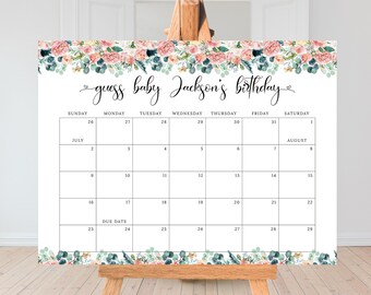 Raten Sie den Geburtstag Ihres Babys, druckbarer Baby-Fälligkeitskalender, Raten Sie das Geburtsdatum des Babys, florale Babyparty, Grün, Blumen, digitale Datei BA018