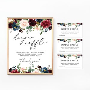 Signe et cartes de tombola de couches florales, billet de tombola de couches, insertion d'invitation, jeux et activités de douche de bébé, Bourgogne et marine, BA028