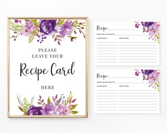 Recipe Cards Bridal Shower, Printable Recipe Card, Recipe Sign, Purple Floral, BR006