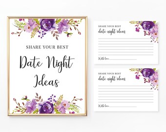 Date Night Ideas Sign and Cards, Printable Bridal Shower Game, Floral Wedding Shower, Purple and Lilac Flowers, Digital File, BR006