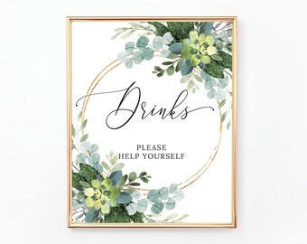 Letrero de bebidas verdes, letrero imprimible, letreros de boda, letrero de bar, despedida de soltera, decoración de baby shower, follaje, oro, eucalipto WE036 BR036 BA036