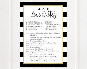 Match the Movie Love Quotes Game | Printable Bridal Shower Games | Black and White Stripes with Gold | Instant Download | BR031