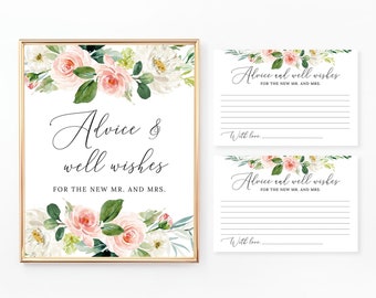 Advice and Well Wishes for the New Mr. and Mrs. Sign and Cards, Pink and Blush Flowers, Floral, Advice and Wishes, Digital File, WE029 BR029
