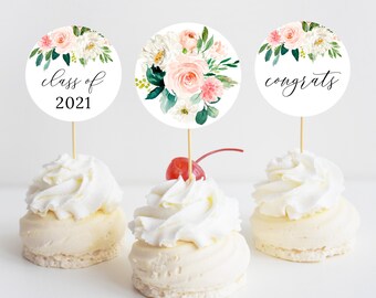 Floral Graduation Cupcake Toppers, Printable Cupcake Toppers, Favor Tags, Graduation Party, Blush and Pink Flowers, Digital File, GR029