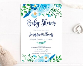 Blue Floral Baby Shower Invitation, Baby Shower Invite, Baby Brunch, Printable Shower Invitation Card, Blue Flowers, Digital File, BA045
