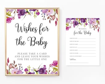 Wishes for the Baby Sign and Cards | Wishes For Baby Printable | Floral Baby Shower Games | Purple and Lilac Flowers | Digital File | BA006