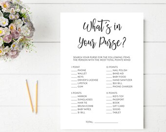 What's In Your Purse Game, Baby Shower Game, Printable Game, Digital File, BA005