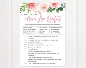 Dopasuj filmowe cytaty miłosne do gry, gra do wydrukowania Bridal Shower, kwiatowy prysznic ślubny, różowe i różowe kwiaty, plik cyfrowy, BR034