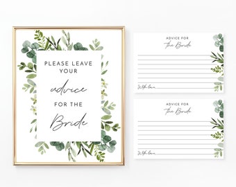 Advice for the Bride Sign and Card, Printable Bridal Shower Games, Wedding Shower, Greenery, Foliage, Leaves, Digital File, BR032