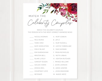 Celebrity Couples Game | Match the Famous Couples | Printable Bridal Shower Game | Floral Wedding Shower | Red Roses | BR033