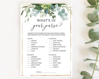 What's In Your Purse Game, Baby Shower Game, Fun Game, Printable Game, Greenery, Foliage, Leaves, Gold, Eucalyptus, Digital File, BA036