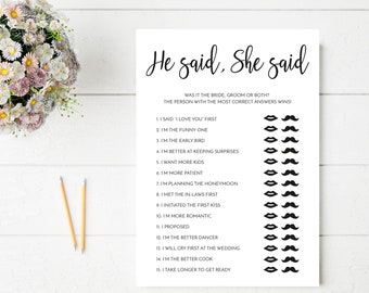 He Said She Said Bridal Shower Game, Guess Who, Bride or Groom, Wedding Shower, Couples Shower, Black and White, Digital File, BR005