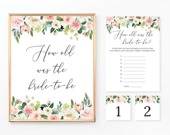 How Old Was the Bride to be Game, Sign and Cards, Floral Bridal Shower, Wedding Shower Games, Blush and Pink Flowers, Digital File, BR029