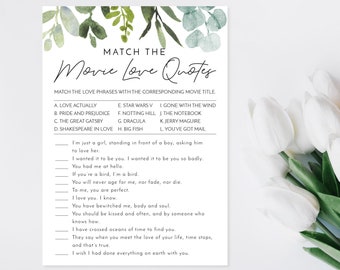 Jeu de citations d'amour de film | Jeu de douche nuptiale imprimable | Douche de mariage | verdure, feuillage, feuilles | Téléchargement instantané| BR032