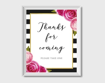 Thank You For Coming Sign, Printable, Baby Shower, Bridal Shower, Black and White, Gold, Pink Flowers, Digital File, BR035, BA035, WE035