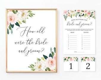 How Old Were the Bride and Groom Game, Sign and Cards, Floral Bridal Shower, Wedding Shower Game, Blush and Pink Flowers, Digital File BR029