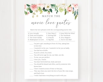 Match the Movie Love Quotes Game, Bridal Shower Game, Floral Wedding Shower, Blush Flowers, Digital File, BR029