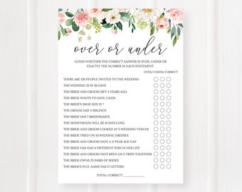 Over or Under Bridal Shower Game, Printable Game, Floral Wedding Shower, Blush and Pink Flowers, Digital File, BR029