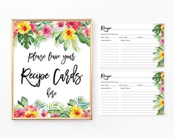 Tropical Recipe Cards and Sign, Bridal Shower Recipe Insert, Please Leave Your Recipe Cards, Printable Recipe Card, Floral, Hawaiian, BR086