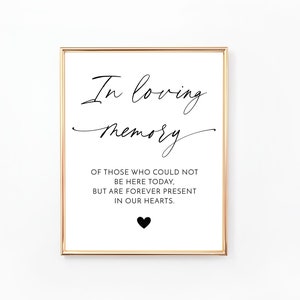 May include: A framed sign with the words "In loving memory" in elegant script. The text continues with "Of those who could not be here today, but are forever present in our hearts." A black heart is at the bottom.