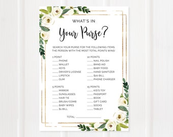 What's In Your Purse Game, Baby Shower Game, Printable Game, Baby Shower Activities, Floral, White Flowers, Greenery, Digital File, BA002