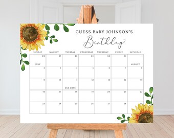 Gissa barnets födelsedag, utskrivbar kalender för förfallodatum, gissa barnets födelsedatum, blommig babyshower, gula solrosor, digital fil BA013