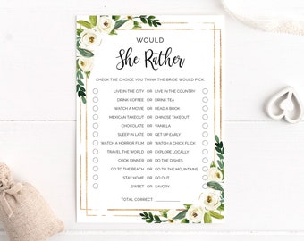 Would She Rather Bridal Shower Game, Wedding Shower Games, Floral Bridal Shower Games, Flowers, Greenery, BR002