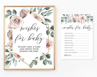 Wishes for Baby Sign and Cards, Printable Wishes for Baby, Baby Shower Activities, Boho, Floral Dusty Rose, Pink Flowers, BA071