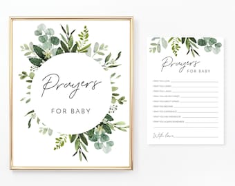 May include: A printable baby shower sign with a green leafy wreath and the text "Prayers for Baby".