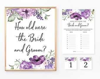 How Old Were the Bride and Groom Game, Sign and Cards, Floral Bridal Shower, Wedding Shower Game, Purple, Violet, Lilac Flowers, BR026
