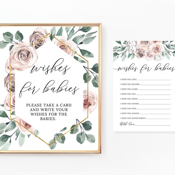 Twins Wishes for Babies Sign and Cards, Printable Wishes for Babies, Baby Shower Activities, Boho, Floral Dusty Rose, Pink Flowers, BA071