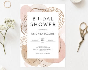 Bridal Shower Invitation, Bridal Shower Invite, Blush Pink and Gold, Printable Wedding Shower Invite, Modern Abstract Art Digital File BR076