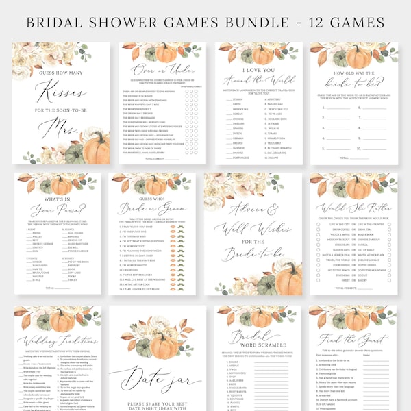 Fall Bridal Shower Games Bundle, 12 Games, Autumn Bridal Shower, Pumpkin, Printable Shower Games Package, Wedding Shower Games Pack BR078