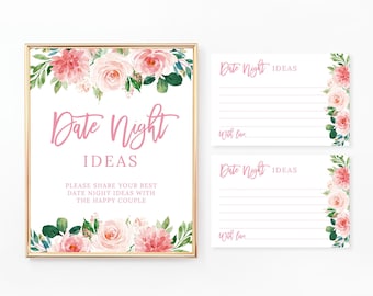 Floral Date Night Ideas Sign and Cards, Date Jar Sign, Bridal Shower Game, Couples Shower, Pink, Blush Flowers, Digital File, BR034, WE034