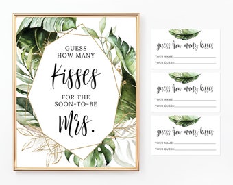 Kisses for the Soon to be Mrs Printable Sign and Cards, How Many Kisses Are in the Jar, Bridal Shower Tropical, Greenery, Green Leaves BR075