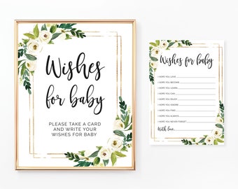 Wishes for Baby Sign and Cards, Wishes for Baby Printable, Baby Shower Activities, White Flowers, Floral, Greenery, Digital File, BA002