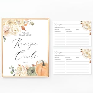 Rezeptkarten und Schild, Brautparty-Rezepteinlage, Bitte hinterlassen Sie Ihre Rezeptkarten, druckbare Rezeptkarte, Herbst, Herbst, Kürbis, BR078