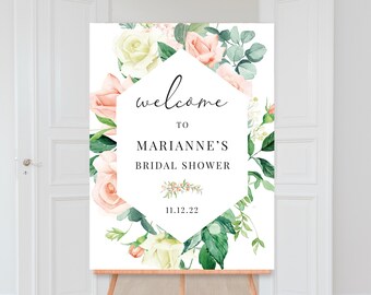 Sinal de boas-vindas floral para chá de panela, sinal para impressão, chá de casamento floral, cartaz de boas-vindas, vegetação, flores de pêssego, arquivo digital, BR051