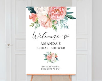 Sinal de boas-vindas do chá de panela | Imprimível | Chuveiro de casamento floral | Cartaz de sinal de boas-vindas | Pêssego e hortelã, flores | Arquivo Digital | BR018
