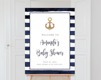 Nautical Baby Shower Welcome Sign, Baby Shower Sign, Printable Sign, Navy Blue Stripes, Anchor, Boy Baby Shower, Digital File, BA054