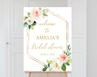 Floral Bridal Shower Welcome Sign, Printable, Gold Welcome Sign, Floral Wedding Shower, Pink, blush and white flowers, Digital File, BR041