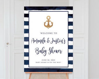 Nautical Baby Shower Welcome Sign, Couples Baby Shower Sign, Printable Sign, Navy Blue Stripes, Anchor, Boy Baby Shower, Digital File, BA054