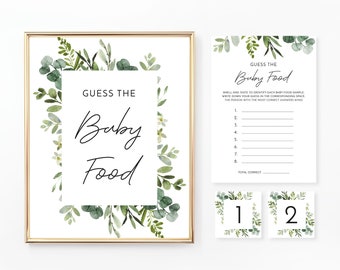 Guess the Baby Food Game Sign and Cards, Baby Food Game, Baby Food Guessing Game, Greenery, Leaves, Digital File, BA032