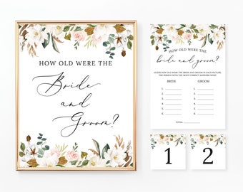 How Old Were the Bride and Groom Game, Sign and Cards, Floral Bridal Shower, Wedding Shower Game, Blush and White Flowers Digital File BR027